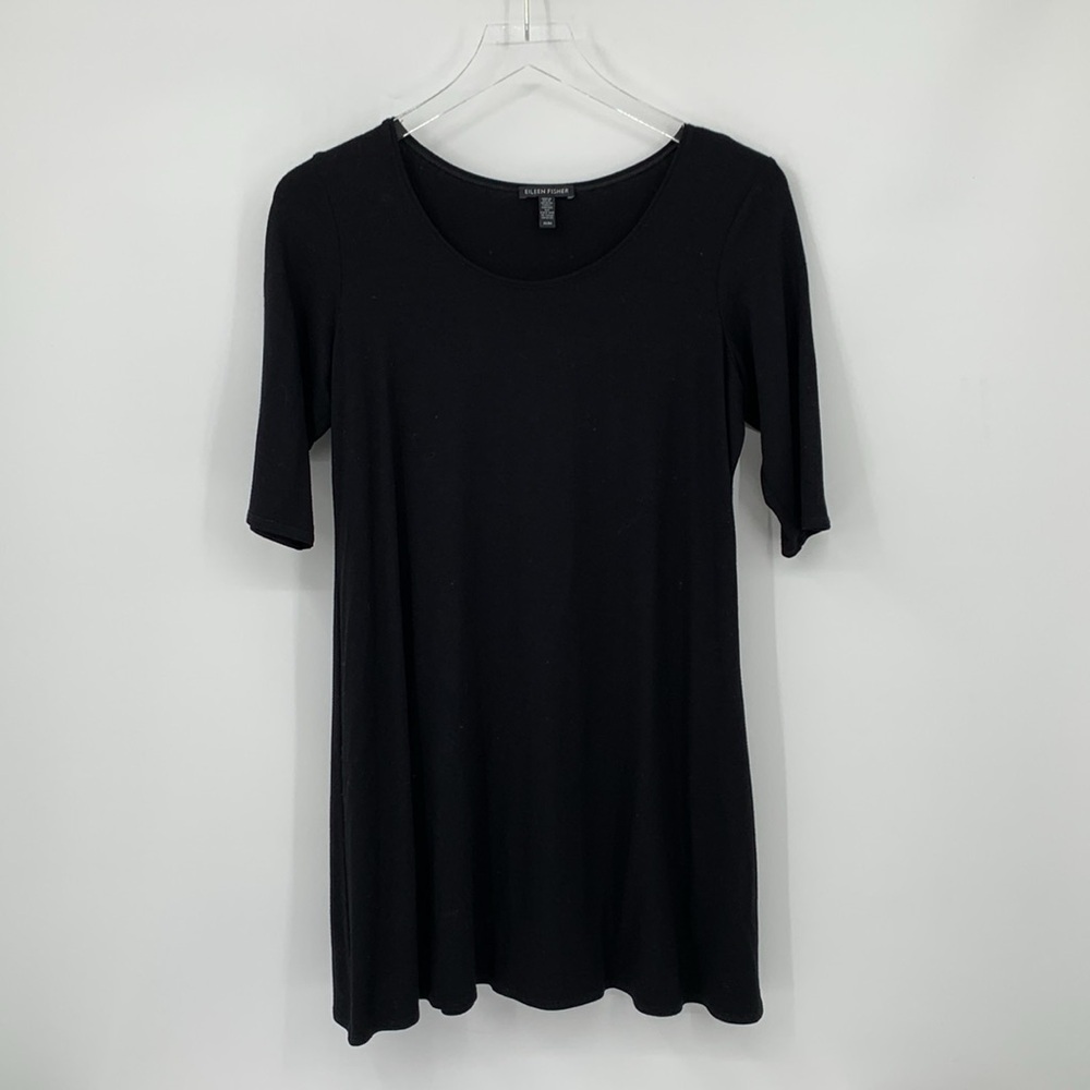 Eileen Fisher black a-line knit stretch tunic top blouse shirt trapeze Medium